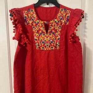 Super Cute Red Dress with Embroidery Details & PomPom Sleeves